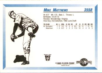 1993 Fleer ProCards #3558 Mike Matthews Back