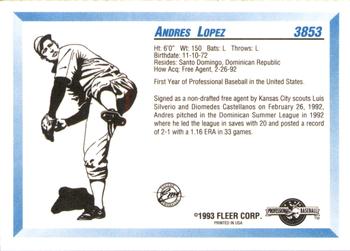 1993 Fleer ProCards #3853 Andres Lopez Back