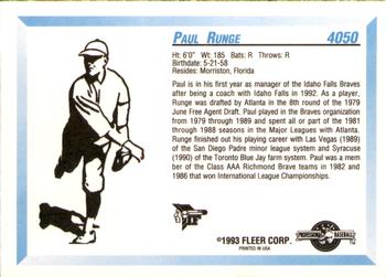 1993 Fleer ProCards #4050 Paul Runge Back