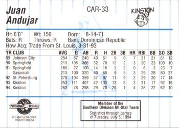 1994 Fleer ProCards Carolina League All-Stars #CAR-33 Juan Andujar Back