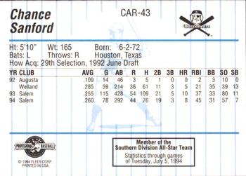 1994 Fleer ProCards Carolina League All-Stars #CAR-43 Chance Sanford Back