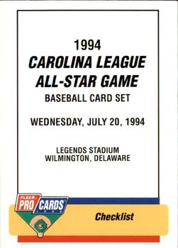 1994 Fleer ProCards Carolina League All-Stars #CAR-53 Checklist Front