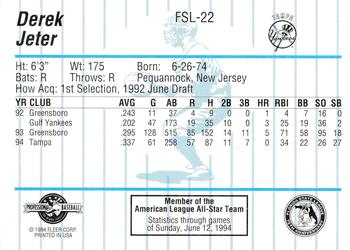 1994 Fleer ProCards Florida State League All-Stars #FSL-22 Derek Jeter Back