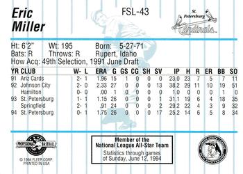 1994 Fleer ProCards Florida State League All-Stars #FSL-43 Eric Miller Back