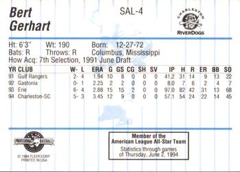 1994 Fleer ProCards South Atlantic League All-Stars #SAL-4 Bert Gerhart Back