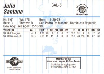 1994 Fleer ProCards South Atlantic League All-Stars #SAL-5 Julio Santana Back