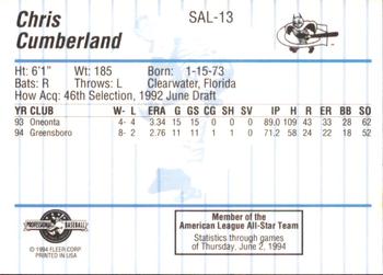 1994 Fleer ProCards South Atlantic League All-Stars #SAL-13 Chris Cumberland Back