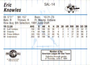 1994 Fleer ProCards South Atlantic League All-Stars #SAL-14 Eric Knowles Back
