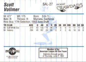 1994 Fleer ProCards South Atlantic League All-Stars #SAL-27 Scott Vollmer Back