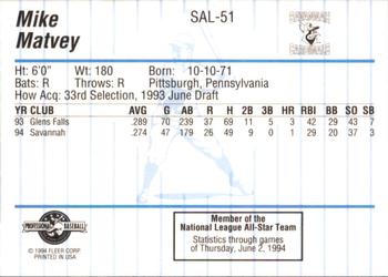 1994 Fleer ProCards South Atlantic League All-Stars #SAL-51 Mike Matvey Back