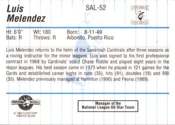 1994 Fleer ProCards South Atlantic League All-Stars #SAL-52 Luis Melendez Back