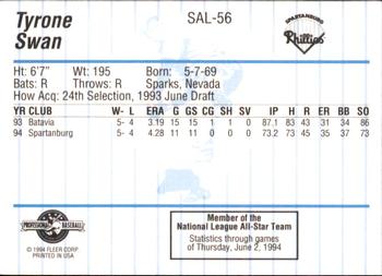 1994 Fleer ProCards South Atlantic League All-Stars #SAL-56 Tyrone Swan Back