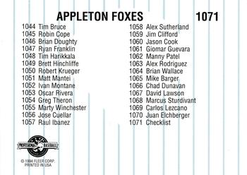 1994 Fleer ProCards #1071 Appleton Foxes Checklist Back