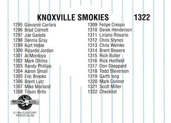 1994 Fleer ProCards #1322 Knoxville Smokies Checklist Back