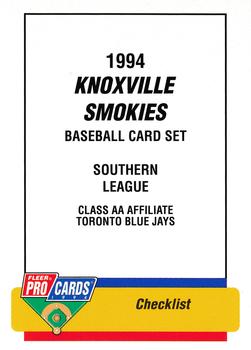 1994 Fleer ProCards #1322 Knoxville Smokies Checklist Front