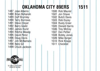 1994 Fleer ProCards #1511 Oklahoma City 89ers Checklist Back