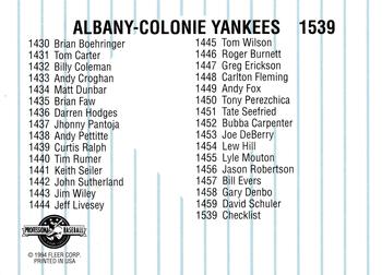 1994 Fleer ProCards #1539 Albany-Colonie Yankees Checklist Back