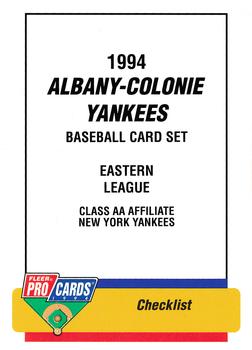1994 Fleer ProCards #1539 Albany-Colonie Yankees Checklist Front