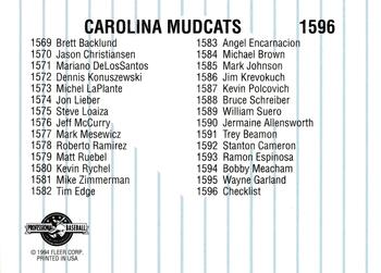 1994 Fleer ProCards #1596 Carolina Mudcats Checklist Back