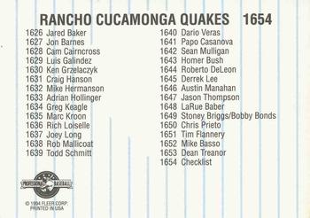 1994 Fleer ProCards #1654 Rancho Cucamonga Quakes Checklist Back