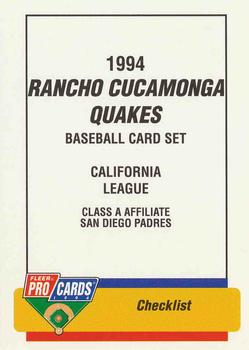 1994 Fleer ProCards #1654 Rancho Cucamonga Quakes Checklist Front