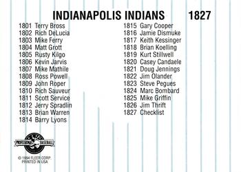 1994 Fleer ProCards #1827 Indianapolis Indians Checklist Back