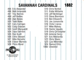 1994 Fleer ProCards #1882 Savannah Cardinals Checklist Back