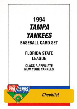 1994 Fleer ProCards #2403 Tampa Yankees Checklist Front