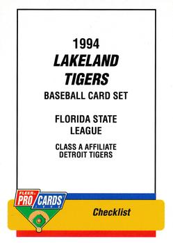 1994 Fleer ProCards #3054 Lakeland Tigers Checklist Front