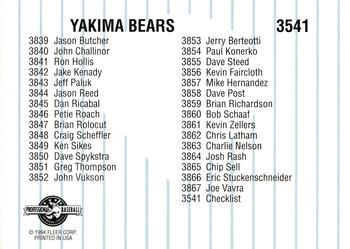 1994 Fleer ProCards #3541 Yakima Bears Checklist Back