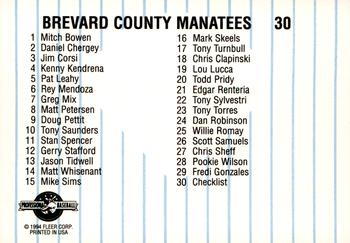 1994 Fleer ProCards #30 Brevard County Manatees Checklist Back