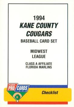 1994 Fleer ProCards #181 Kane County Cougars Checklist Front