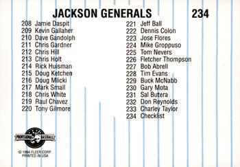 1994 Fleer ProCards #234 Jackson Generals Checklist Back