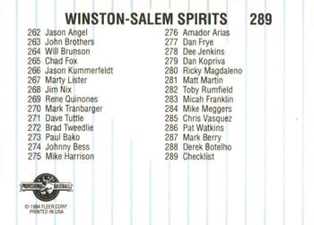 1994 Fleer ProCards #289 Winston-Salem Spirits Checklist Back
