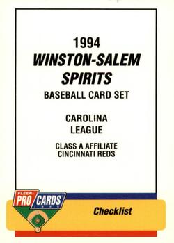1994 Fleer ProCards #289 Winston-Salem Spirits Checklist Front