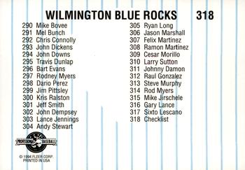 1994 Fleer ProCards #318 Wilmington Blue Rocks Checklist Back