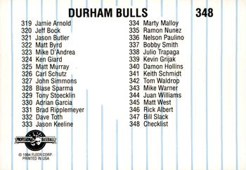1994 Fleer ProCards #348 Durham Bulls Checklist Back