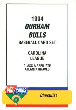 1994 Fleer ProCards #348 Durham Bulls Checklist Front