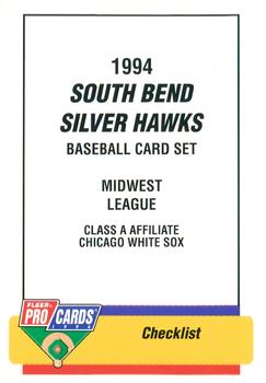 1994 Fleer ProCards #613 South Bend Silver Hawks Checklist Front