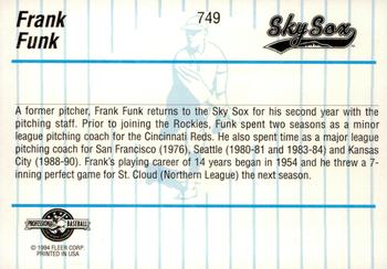 1994 Fleer ProCards #749 Frank Funk Back