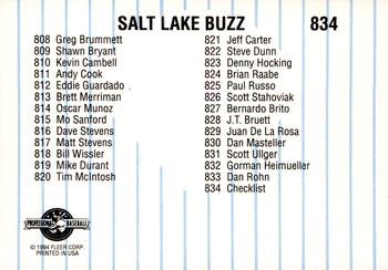 1994 Fleer ProCards #834 Salt Lake Buzz Checklist Back