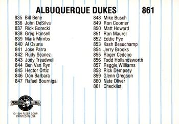 1994 Fleer ProCards #861 Albuquerque Dukes Checklist Back