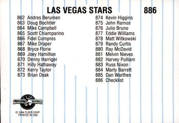1994 Fleer ProCards #886 Las Vegas Stars Checklist Back