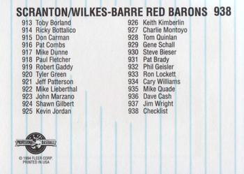 1994 Fleer ProCards #938 Scranton/Wilkes-Barre Red Barons Checklist Back
