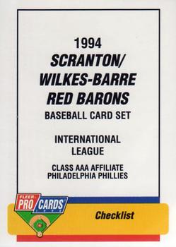 1994 Fleer ProCards #938 Scranton/Wilkes-Barre Red Barons Checklist Front