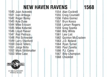 1994 Fleer ProCards #1568 New Haven Ravens Checklist Back