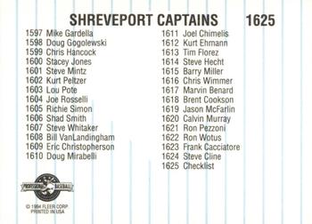 1994 Fleer ProCards #1625 Shreveport Captains Checklist Back