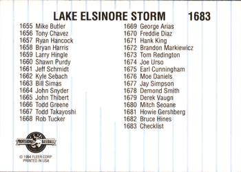 1994 Fleer ProCards #1683 Lake Elsinore Storm Checklist Back