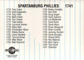 1994 Fleer ProCards #1741 Spartanburg Phillies Checklist Back