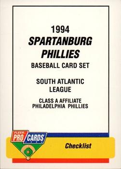 1994 Fleer ProCards #1741 Spartanburg Phillies Checklist Front
